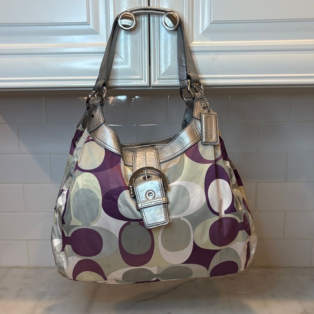Coach Bag Purse Handbag soho Signature Satin Scarf Print Buckle Hobo XL Shoulder